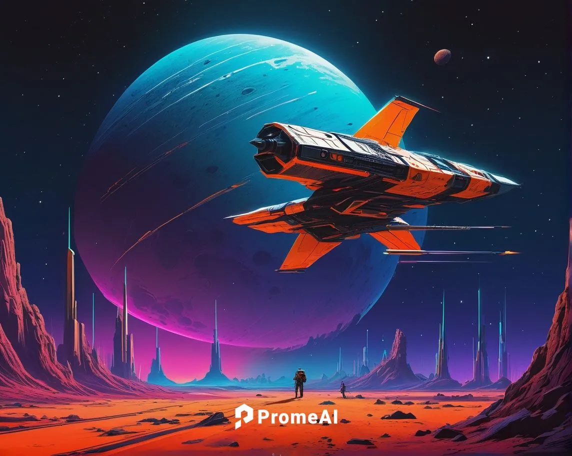 Una batalla aeroespacial. Los colores son anaranjados y azules. Estilo de dibujo Retro Sci-Fi. Estilo de dibujo Synthwave.,extrasolar,gradius,futuristic landscape,space ships,space art,homeworld,scifi