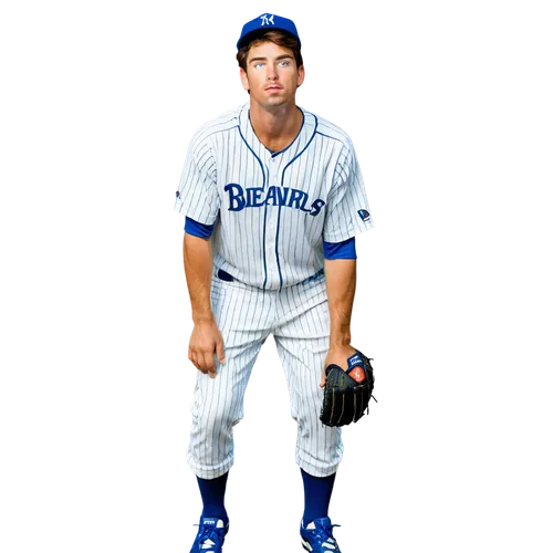 Baseball player, male, athletic build, holding baseball, pitcher's stance, focused expression, sweat on forehead, messy brown hair, bright green eyes, white jersey with blue stripes, blue baseball pan