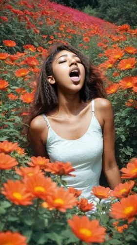 As the sun begins to rise, a radiant woman with radiant passion swirls and ebbs radiates a fiery light against the fiery backdrop of her gaze. The canvas is painted in shades of red and pink, casting 