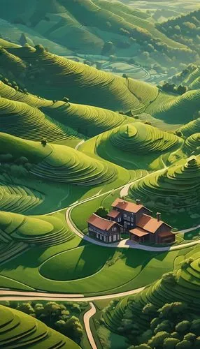 Valley landscape, rolling hills, serene atmosphere, lush green grass, architectural shingles, various sizes, curved lines, modern design, rustic tone, brown color, textured surface, layered structure,