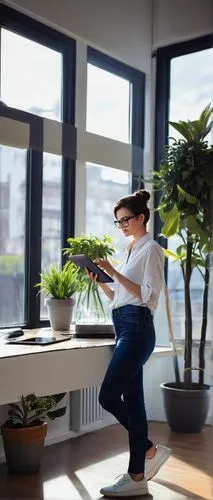 Modern interior designer, young adult, (25yo), short brown hair, glasses, casual wear, white shirt, dark blue jeans, sneakers, holding a tablet, designing on a desk, standing lamp, floor-to-ceiling wi