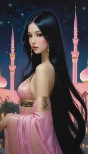 the camera stands still, a light breeze blows through the hair,a painting of a woman in an oriental dress with a pink background,sheherazade,rem in arabian nights,gothel,oriental princess,scheherazade