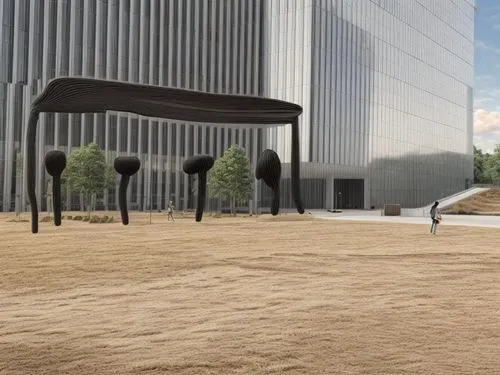 increasing tree and plant, The tall black one is a retractable parasol, Grassland invariance,3d rendering,parking lot under construction,corten steel,concrete grinder,paved square,road cover in sand,9