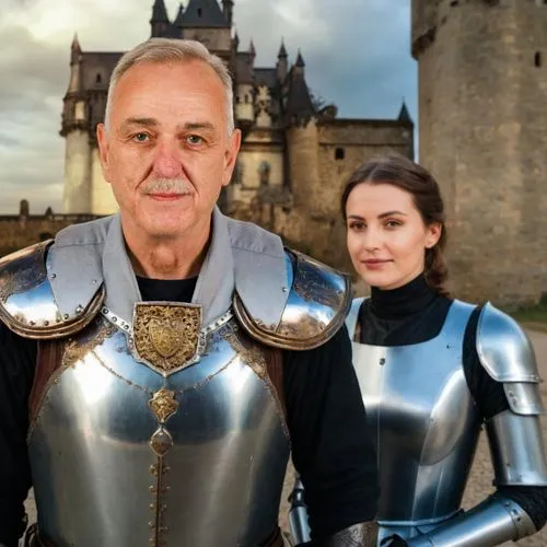 Time travel: Selfie in front of an old Gothic castle. Together with a contemporary, armed, fully bearded knight in the background in a scene from around 1500 in southern Germany.,macierewicz,zapatero,