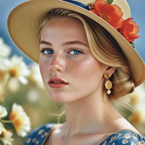 Close-up portrait of a young woman with striking features, displaying a thoughtful or introspective expression. Her face is highlighted by bright blue eyes, red lipstick, and delicate freckles dusting