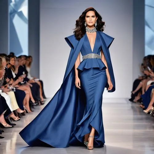 mazarine blue,runway,dress walk black,cobalt blue,sheath dress,evening dress,bridal party dress,royal blue,catwalk,gown,plus-size model,fashion design,blue dress,navy blue,women fashion,menswear for women,fashion show,miss universe,runways,blue pushcart,Photography,General,Realistic