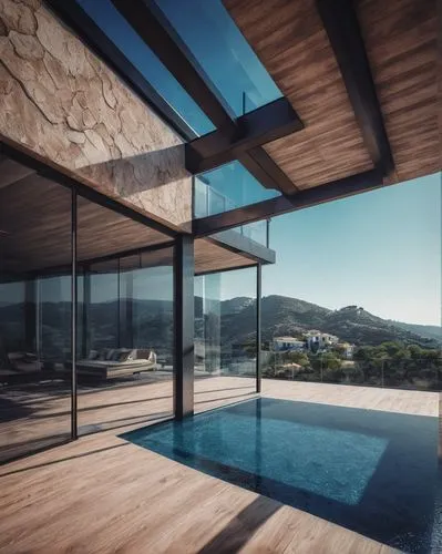 pool house,modern house,modern architecture,infinity swimming pool,dunes house,roof top pool,luxury property,glass wall,roof landscape,cubic house,dreamhouse,amanresorts,luxury home,fresnaye,corten steel,glass roof,house in the mountains,siza,wooden decking,outdoor pool,Illustration,Realistic Fantasy,Realistic Fantasy 47