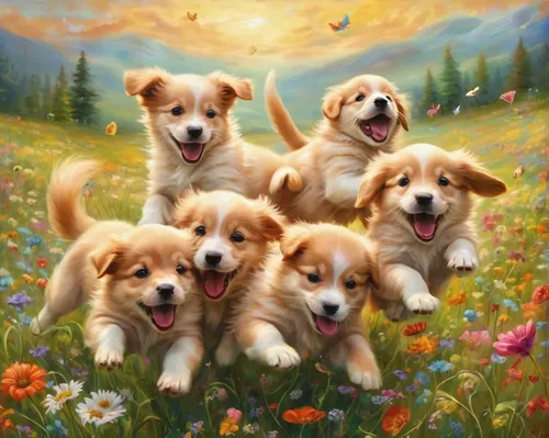 corgis,nova scotia duck tolling retriever,color dogs,puppies,daisy family,kooikerhondje,blanket of flowers,tibetan spaniel,flower background,golden retriever,the pembroke welsh corgi,golden retriver,field of flowers,children's background,pembroke welsh corgi,ginger family,sea of flowers,playing puppies,dayflower family,dog breed,Illustration,Realistic Fantasy,Realistic Fantasy 37