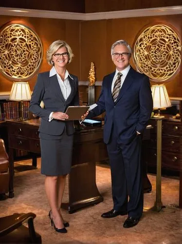 Middle-aged man David Harris, mature lady Sarah Harris, standing, facing each other, formal wear, suits, white shirts, ties, glasses, short hair, smiling, holding laptops, digital design books, comput