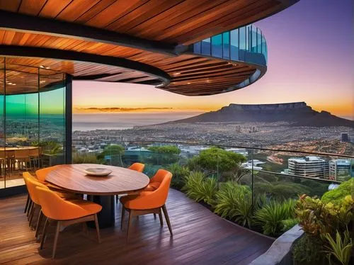 Modern South African architectural design, futuristic skyscraper, Cape Town cityscape, Table Mountain backdrop, bold curved lines, sleek glass facade, steel beams, wooden accents, vibrant colored pane