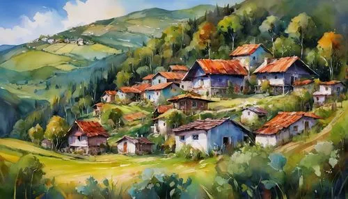 mountain village,alpine village,escher village,house in mountains,transilvania,khokhloma painting,mountain settlement,mountain huts,artvin,borjomi,house in the mountains,romania,chalets,villages,home landscape,hanging houses,aurora village,bucegi,wooden houses,sapa,Illustration,Paper based,Paper Based 04