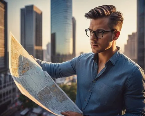 Modern architect, male, 30s, casual wear, black glasses, short hair, standing, with blueprints, pointing, selecting site, urban planning, cityscape, skyscrapers, busy streets, morning light, shallow d