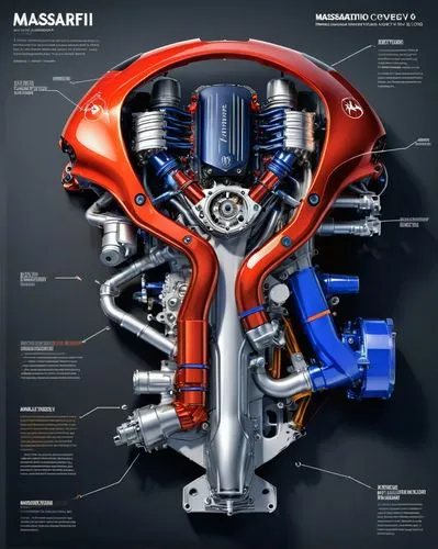 an industrial design sketch of a beautiful Maserati Nettuno 3.0 (V6 T, 630 CV) engine (construction plan),  alien advanced concept model, futuristic style with all the data related to its construction