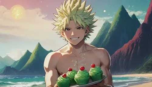 one man with spiky blonde hair and red eyes who looks like Bakugou with clear skin, dressed in swimsuit, in his right hand holding a single small green cupcake with one tiny birthday candle on top and