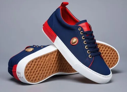 Canvas sneaker, gum trim, embossed round emblem with lion head design on sole, all navy with red and white  color scheme , matching belt ,Canvas sport sneaker ,keds,footstar,mens shoes,cloth shoes,pli