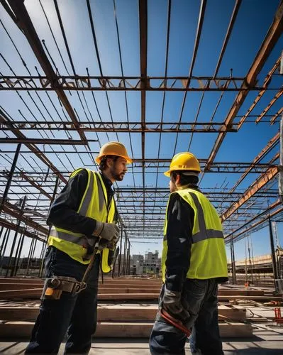 Industrial urban landscape, modern Hardie architectural panels, installation in progress, construction workers, hard hats, reflective vests, tool belts, ladders, scaffolding, cranes, building facade, 