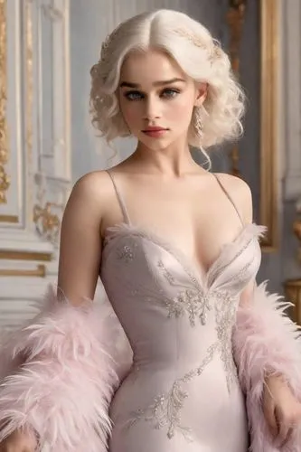 Emilia Clarke dresses like Daphne Bridgerton with pale colors. Her white hair would be exotic with feathers and jewels. Style by the Bridgerton series. Bridgerton. She is elegant. Curvy body,white ros