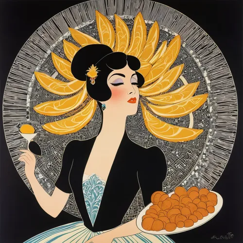 art deco woman,woman holding pie,flapper,art deco,roaring twenties,art deco ornament,girl with bread-and-butter,showgirl,kanafeh,roaring 20's,galette des rois,oriental princess,woman with ice-cream,diet icon,orientalism,ann margarett-hollywood,twenties women,food icons,geisha girl,1920s,Illustration,Retro,Retro 26