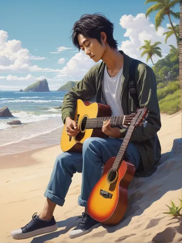 Write a peaceful scene with Masayoshi Takanaka playing a soothing melody on his guitar by the beach.,guitar,cg artwork,ukulele,playing the guitar,cavaquinho,beach background,miguel of coco,the guitar,