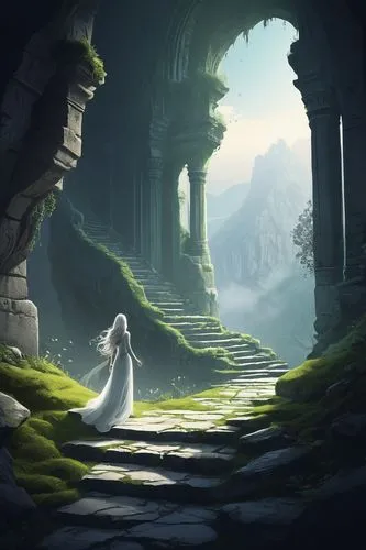 Fantasy world, ancient ruins, mysterious ambiance, magical glowing plants, vines entwining stone structures, moss-covered stairs, crumbling walls, intricate carvings, a lone figure, andúnië, young gir