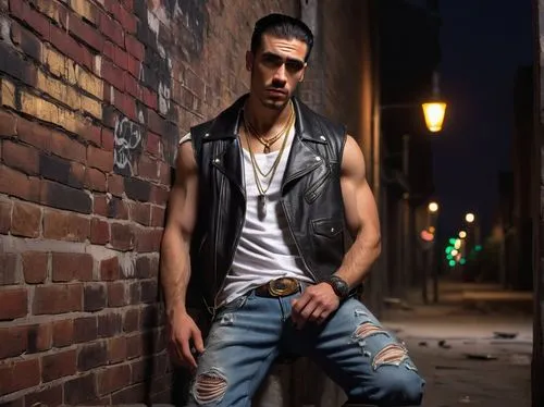 Goofy gangster, 30s, masculine, rugged face, thick eyebrows, scar above left eyebrow, gold chain necklace, white sleeveless shirt, black leather jacket, ripped blue jeans, black boots, holding cigar, 