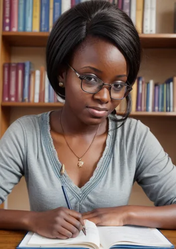 beautyfull african woman studying in the library, fullview,correspondence courses,girl studying,distance learning,online courses,publish a book online,learn to write,student information systems,financ