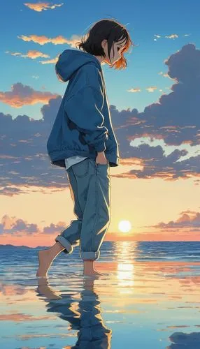 hosoda,studio ghibli,katara,kumiko,tiribocchi,hausser,the endless sea,ocean,ghibli,bocchi,the horizon,flcl,adrift,yazaki,the sea,serene,by the sea,sadozai,walk on the beach,blue sky,Illustration,Japanese style,Japanese Style 14