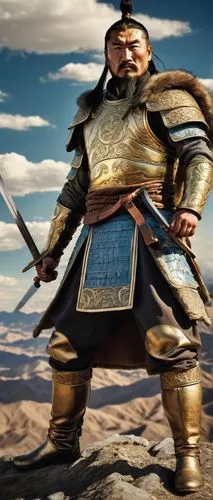 Genghis Khan, Mongol empire, powerful leader, muscular man, strong facial features, sharp eyes, thick beard, braided hair, golden armor, leather boots, holding a sword, standing on a mountain, vast de