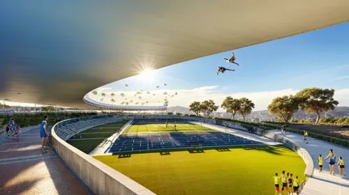 un complejo deportivo acuatico xon muchas personas espectadores viendo una competencia, un hermoso atardecer iluminado de manera hiperrealista,stadium falcon,mabhida,renderings,champalimaud,football s