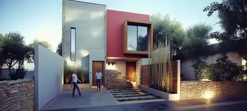 CASA ESTILO MINIMALISTA UBICADA, COMBINANDO LOS COLORES VIBRNTES DE LA ARQUITECTURA MEXICANA Y LA PIEDRA DE RECINTO,  EN UN FRACCIONAMIENTO CON VEGETACIÓN EXUBERANTE, PERSONAS,ARBOLES, PALMERAS, CORRE