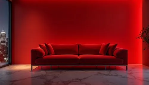 Vibrant red accent wall, modern minimalist interior, sleek lines, luxurious velvet couch, bold geometric patterns, metallic chrome legs, dimmed warm lighting, shallow depth of field, 3/4 composition, 