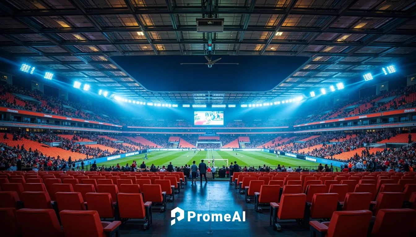 Vibrant stadium interior, luxurious seats, soft cushioning, metallic railings, polished concrete floors, sleek modern architecture, grandstand seating areas, bright LED scoreboard displays, atmospheri