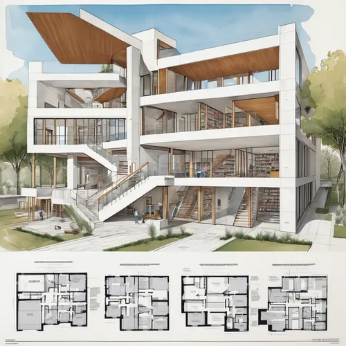 (magazine layout:1.2) of a library with (construction material suggestion:1.2), an open central courtyard, walls, (a central skylight: 1.2), and multiple levels connected by (a grand staircase: 1.2). 