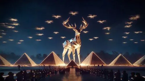 glowing antlers,futuristic art museum,burning man,the holiday of lights,nordic christmas,tipi,elves flight,cirque du soleil,reindeer,festival of lights,atomium,illuminations,diorama,fireworks art,stag