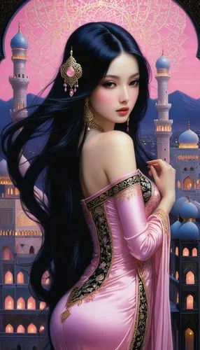 oriental princess,rem in arabian nights,sheherazade,anarkali,islamic girl,scheherazade,Illustration,Realistic Fantasy,Realistic Fantasy 08