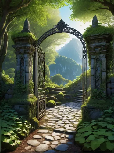 iron gate,farm gate,gateway,pathway,heaven gate,gate,wood gate,backgrounds,the mystical path,victory gate,background with stones,forest path,druid grove,fantasy landscape,garden door,tori gate,the path,green garden,archway,rock gate,Conceptual Art,Oil color,Oil Color 06