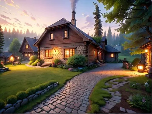 a night view of a house in the middle of a wooded area,house in the forest,summer cottage,small cabin,country cottage,cottage,log cabin,Anime,Anime,Cartoon