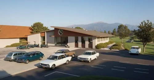 Golf clubhouse on a summer day. Cars on the parking lot in the foreground. Golf-carts in front of the building. Some people near the entrance. Landscape with trees in the background.,golf clubhouse,go