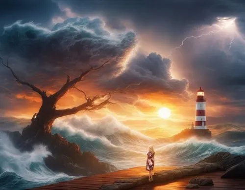 fantasy picture,electric lighthouse,sea storm,photo manipulation,photomanipulation,lighthouse,Illustration,Paper based,Paper Based 04