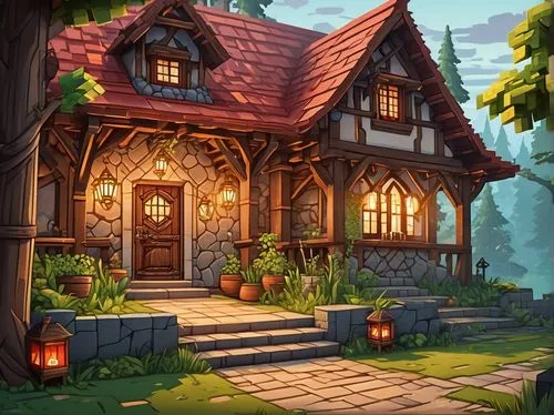 Minecraft style, medieval fantasy house, stone foundation, wooden walls, red roof tiles, ornate door, stained glass windows, vines crawling up the walls, cozy porch, lanterns hanging from the ceiling,