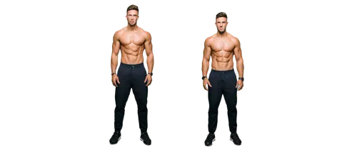 Muscular man, shirtless, athletic physique, strong facial features, short hair, intense gaze, prominent jawline, ripped chest muscles, six-pack abs, powerful legs, black sport pants, sneakers, standin