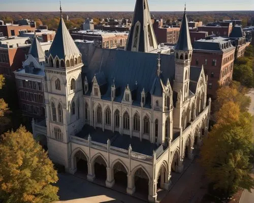 Victorian-era, Gothic Revival, Romanesque, Neoclassical, Industrial Revolution, ornate details, intricate stonework, pointed arches, ribbed vaults, flying buttresses, grand entrance, symmetrical facad