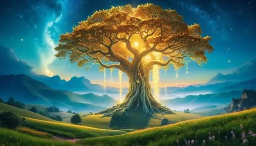 "A colossal, luminous, ethereal and shimmering tree, known as the Pillar Tree, towers over the world of Erlar, dwarfing even the tallest mountains. Its glowing roots and branches extend far and wide, 