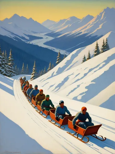 Create a thrilling scene in which a sled race takes place on a treacherous mountain slope.,sleigh ride,santa claus train,ski race,christmas sled,sledding,christmas caravan,skijoring,bobsleigh,santa sl