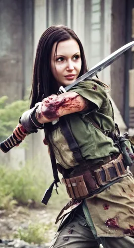 Attacking zombied with katana,female warrior,huntress,nancy crossbows,swordswoman,katniss,warrior woman,longbow,bow and arrow,beautiful girls with katana,lara,mulan,bow and arrows,girl with gun,action