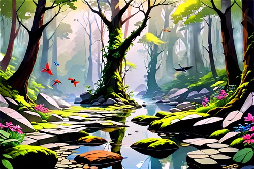 fairy forest,cartoon forest,forest path,elven forest,forest glade,enchanted forest,forest floor,cartoon video game background,forest,fairy world,forest landscape,fairytale forest,forests,brook landscape,rainforest,mushroom landscape,forest of dreams,rainforests,the forest,holy forest,Art,Artistic Painting,Artistic Painting 45