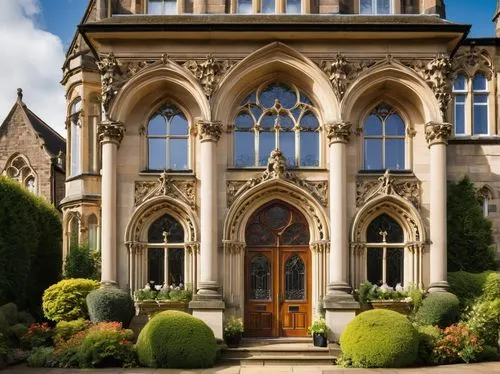 Harrogate architectural design, Victorian-era inspired, grandiose building, intricately carved stone facade, ornate details, stained glass windows, wooden doors with metal handles, symmetrical composi