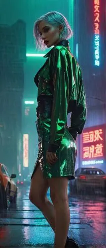 nerve,cyberpunk,80s,birds of prey-night,neon lights,walking in the rain,hong kong,neon,in the rain,puma,green jacket,futuristic,femme fatale,jacket,raincoat,retro woman,hk,marylyn monroe - female,disco,legs,Photography,Fashion Photography,Fashion Photography 18