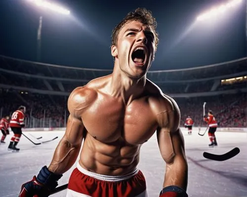 Muscular man, hockey player, shirtless, athletic physique, sweaty skin, strong facial features, messy short hair, intense gaze, hockey stick in hand, victorious pose, stadium background, bright arena 