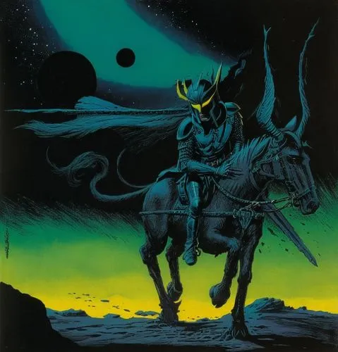 emshwiller,frazetta,kadath,melkor,dreadstar,horseman,bronze horseman,ratri,rohirrim,sleipnir,monoceros,banastre,wotan,ragnvald,barathea,elaphus,kurgan,samuil,silmarillion,darkhorse,Illustration,Black 